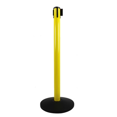 Yellow color steel tube retracta-belt stand barrier, queue security guard post